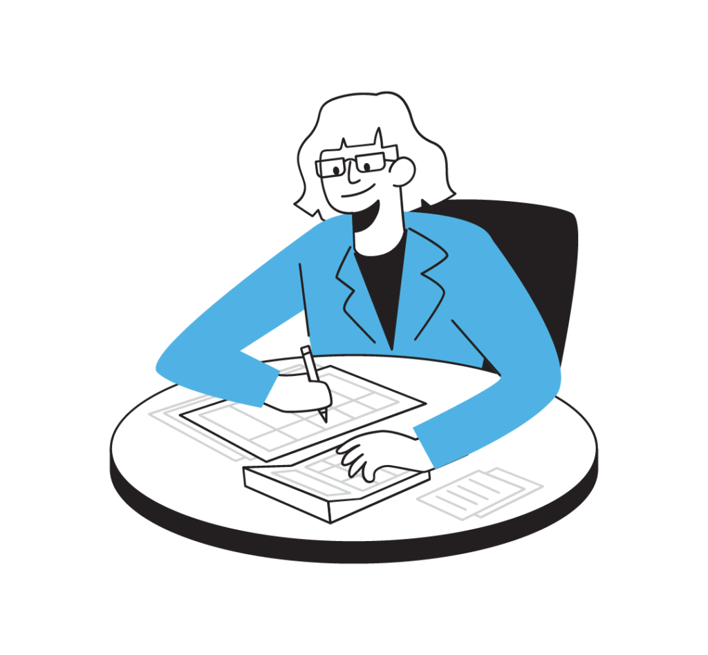 Illustration of accountant sitting at a table holding pencil and typing on calculator