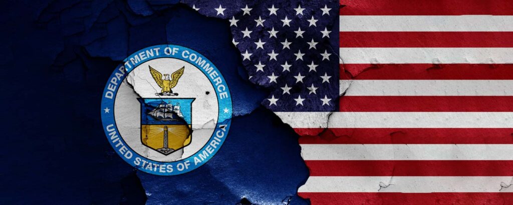Department of Commerce seal on a blue background with American flag
