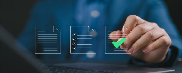 A person in a blue suit interacts with a floating digital checklist, selecting a document with a green checkmark, representing compliance approval. The image symbolizes the DCAA compliance checklist and successful adherence to government audit requirements.