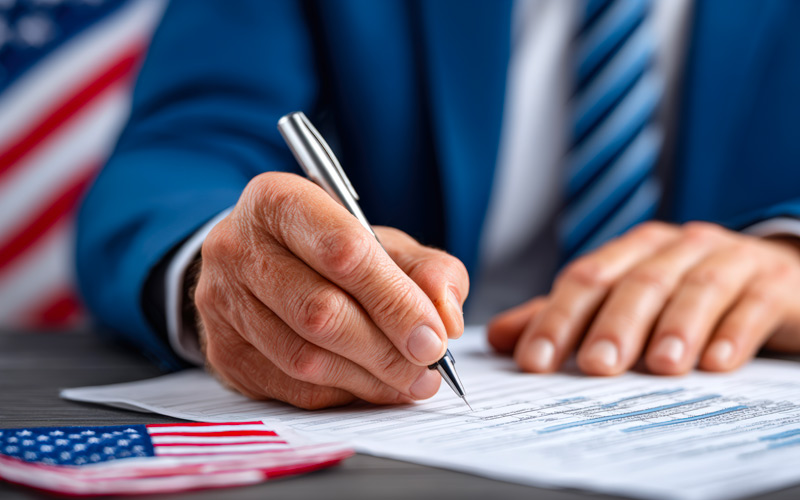 Government contractor signing time and materials (T&M) contract document with U.S. flag in background, representing federal accounting compliance.